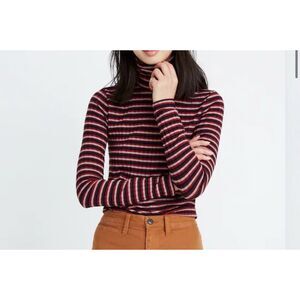 Madewell Striped Turtleneck Long Sleeve Ribbed Knit Top Size L Red Navy